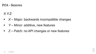 PO4 - Semver
X.Y.Z:
 X – Major: backwards incompatible changes
 Y – Minor: additive, new features
 Z – Patch: no API changes or new features
31 3/17/2017
 