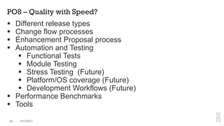 PO8 – Quality with Speed?
35 3/17/2017
 Different release types
 Change flow processes
 Enhancement Proposal process
 Automation and Testing
 Functional Tests
 Module Testing
 Stress Testing (Future)
 Platform/OS coverage (Future)
 Development Workflows (Future)
 Performance Benchmarks
 Tools
 