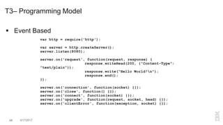 var http = require('http');
var server = http.createServer();
server.listen(8080);
server.on('request', function(request, response) {
response.writeHead(200, {"Content-Type":
"text/plain"});
response.write("Hello World!n");
response.end();
});
server.on('connection', function(socket) {});
server.on('close', function() {});
server.on('connect', function(socket) {});
server.on('upgrade', function(request, socket, head) {});
server.on('clientError', function(exception, socket) {});
 Event Based
T3– Programming Model
48 3/17/2017
 