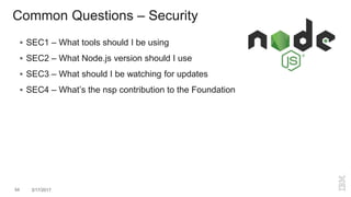 Common Questions – Security
 SEC1 – What tools should I be using
 SEC2 – What Node.js version should I use
 SEC3 – What should I be watching for updates
 SEC4 – What’s the nsp contribution to the Foundation
54 3/17/2017
 