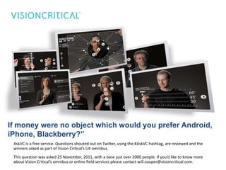 If money were no object which would you prefer Android,
iPhone, Blackberry?”
 AskVC is a free service. Questions shouted out on Twitter, using the #AskVC hashtag, are reviewed and the
 winners asked as part of Vision Critical’s UK omnibus.
 This question was asked 25 November, 2011, with a base just over 2000 people. If you’d like to know more
 about Vision Critical’s omnibus or online field services please contact will.cooper@visioncritical.com.
 
