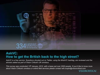 AskVC:
How to get the British back to the high street?
AskVC is a free service. Questions shouted out on Twitter, using the #AskVC hashtag, are reviewed and the
winners asked as part of Vision Critical’s UK omnibus.
This survey was conducted 13th January, 2012, with a base just over 2000 people. If you’d like to know more
about Vision Critical’s omnibus or online field services please contact will.cooper@visioncritical.com.
 