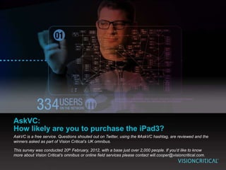 AskVC:
How likely are you to purchase the iPad3?
AskVC is a free service. Questions shouted out on Twitter, using the #AskVC hashtag, are reviewed and the
winners asked as part of Vision Critical’s UK omnibus.

This survey was conducted 20th February, 2012, with a base just over 2,000 people. If you’d like to know
more about Vision Critical’s omnibus or online field services please contact will.cooper@visioncritical.com.
 