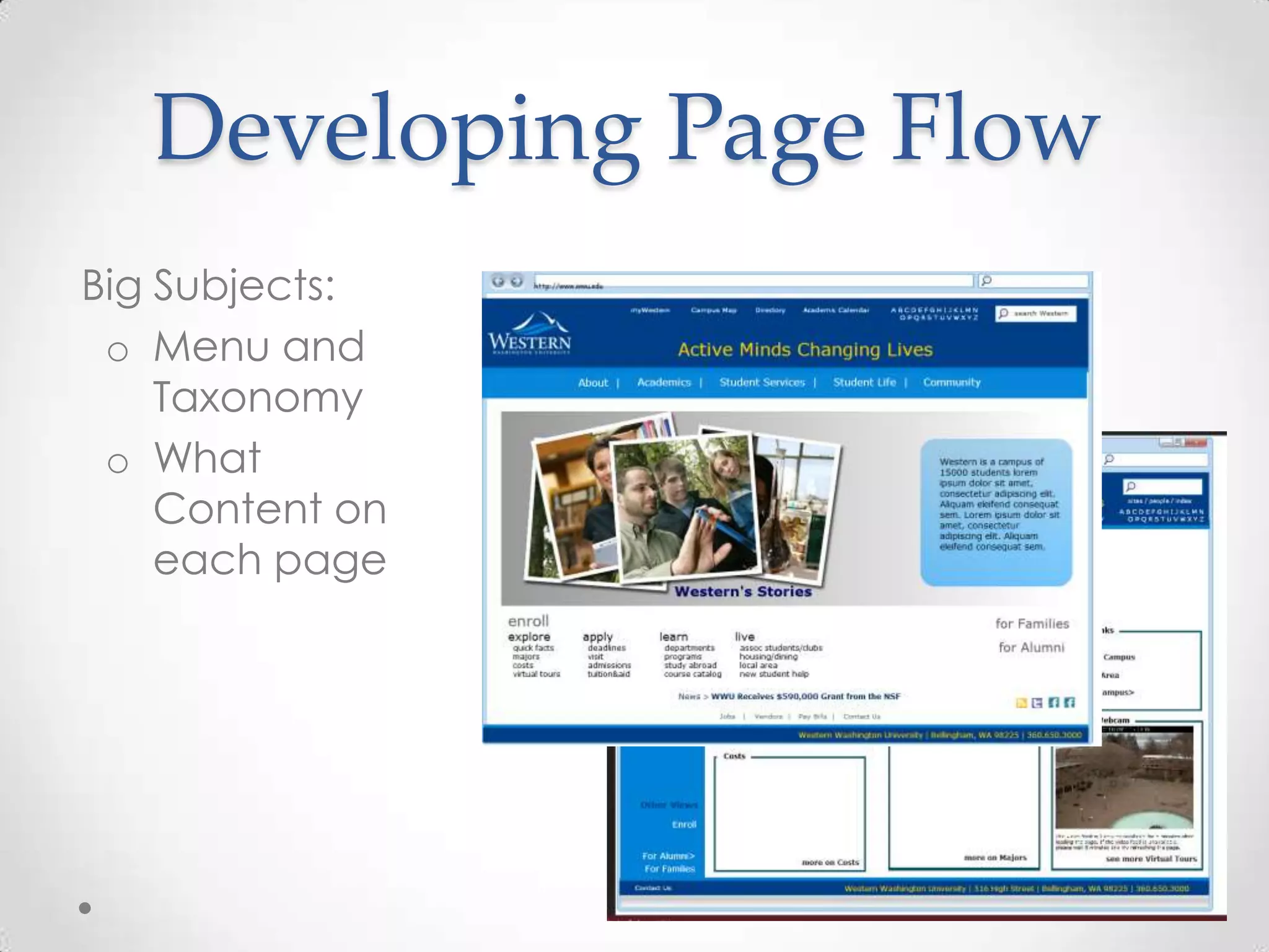 Developing Page Flow
Big Subjects:
 o Menu and
    Taxonomy
 o What
    Content on
    each page
 