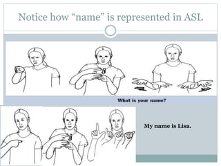 Notice how “name” is represented in ASL
My name is Lisa.
 