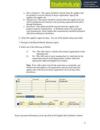 8
a. Direct (Supplier): This option should be selected when the supplier sells
his products or services directly to buyer organization. Specify the
supplier and supplier site.
b. Manufacturer: This option should be selected when the supplier does not
sell his product/services directly to the procuring organization but sells it
through distributors
c. Distributor: This option should be selected when the supplier sells
products made by manufacturers. A distributor needs to be associated
with manufacturer, which implies that a manufacturer should be defined in
ASL before defining its distributor.
6. Select the supplier's approval status. Use one of the default statuses provided.
7. Navigate to the Record Details Alternate region.
8. Select one of the following in Global:
1) Yes - This ASL entry is valid for all inventory organizations in this
Operating unit.
2) No - This ASL entry is local, meaning that it is valid only for the
organization chosen in the Organizations window when first
opening the Approved Supplier List window.
Note: If two ASL entries exist for the same item or commodity, one
Global entry that applies to all organizations and one local entry that
applies only to the local inventory organization, the local entry takes
precedence.
Source document information can be specified in the Supplier-Item Attributes window.
 
