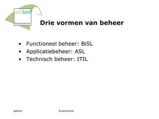Drie vormen van beheer Functioneel beheer: BiSL Applicatiebeheer: ASL Technisch beheer: ITIL 