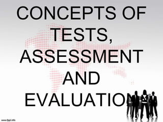 CONCEPTS OF
   TESTS,
ASSESSMENT
    AND
 EVALUATION
 