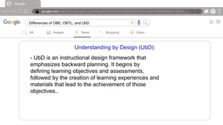 Google
google.com/search?q=google+symbol&sxsrf=ALeKk00ARZH6AdOcIheVGqx7d0JMRNioRw:16239….
Differences of OBE, OBTL, and UbD |
All Images News Shopping Video
Understanding by Design (UbD):
- UbD is an instructional design framework that
emphasizes backward planning. It begins by
defining learning objectives and assessments,
followed by the creation of learning experiences and
materials that lead to the achievement of those
objectives..
 