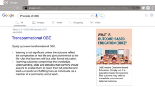 Google
google.com/search?q=google+symbol&sxsrf=ALeKk00ARZH6AdOcIheVGqx7d0JMRNioRw:16239….
Principle of OBE |
All Images News Shopping Video
About 1,010,000,000 results (0.75
seconds)
Transpormational OBE
Spady spouses transformational OBE.
- learning is not significant unless the outcome reflect
the complexities of real life and give prominence to the
life rules that learners will face after formal education.
- learning outcomes compromise the knowledge,
understanding, skills and attitudes that learners should
acquire to enable them to reach their full potential and
lead successful and fulfilling lives as individuals, as a
member of a community and at work.
OBE means Outcome-Based
Education. Simply put, it is
education based on outcome.
This outcome may refer to
immediate outcome and
deferred outcome.
 
