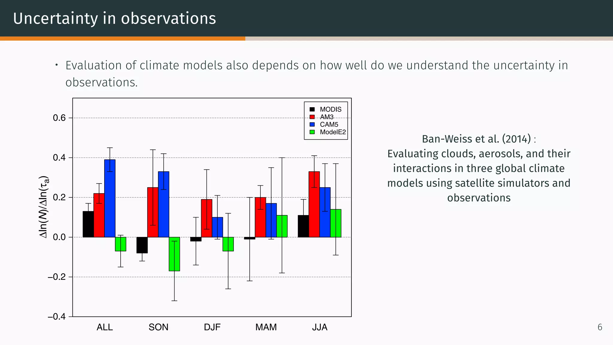 Uncertainty in observations
• Evaluation of climate models also depends on how well do we understand the uncertainty in
observations.
intervals using daily values in the time
series. Generally, positive sensitivities
indicate that N increases with τa, an
indicator of the ﬁrst aerosol indirect
effect. We note at this point that there
may be limitations to this metric, which
are further discussed in section 3.4.
Figure 6a shows ΔlnN/Δlnτa in SAF
during the entire analysis period and
separately for each season (see the
supporting information for numerical
values and the number of daily samples
used to compute each sensitivity). For
the entire period (“ALL” in Figure 6), the
sensitivity calculated using observations
−0.4
−0.2
0.0
0.2
0.4
0.6
ALL SON DJF MAM JJA
Δln(N)/Δln(τa)Journal of Geophysical Research: Atmospheres 10.1002/2014JD021722
6
Ban-Weiss et al. (2014) :
Evaluating clouds, aerosols, and their
interactions in three global climate
models using satellite simulators and
observations
 