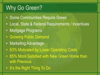 Why Go Green?Some Communities Require GreenLocal, State & Federal Requirements / IncentivesMortgage ProgramsGrowing Public DemandMarketing Advantage63% Motivated by Lower Operating Costs85% More Satisfied with New Green Home than with PreviousIt’s the Right Thing To Do