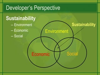 Developer’s PerspectiveSustainabilityEnvironmentEconomic SocialSustainabilityEnvironmentSocialEconomic