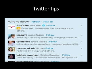 # catalogue your tweets (great for library people), so use these accordingly