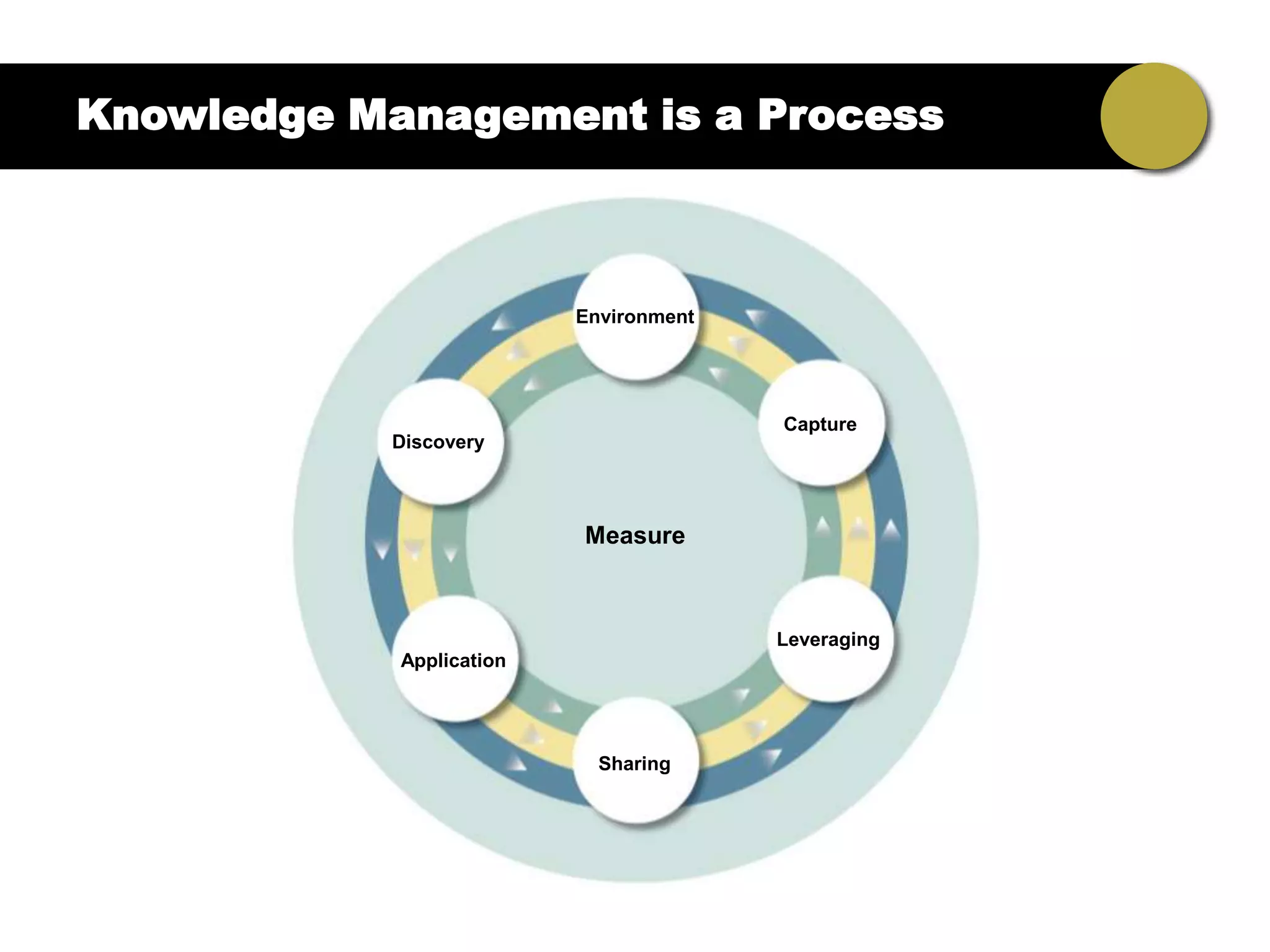 Knowledge Management is a Process



                          Environment




                                        Capture
            Discovery



                          Measure



                                        Leveraging
            Application




                            Sharing
 