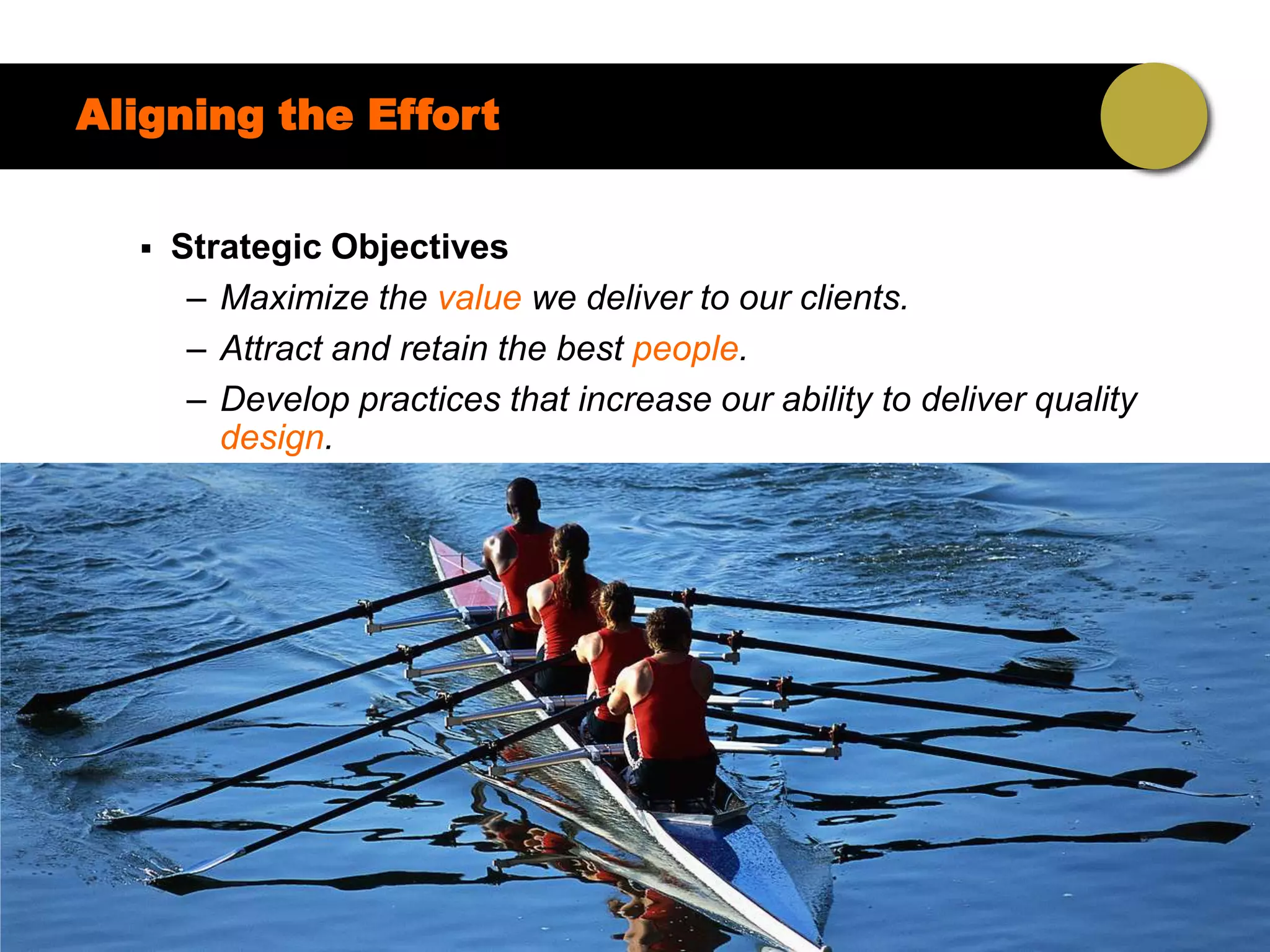 Aligning the Effort


     Strategic Objectives
       – Maximize the value we deliver to our clients.
       – Attract and retain the best people.
       – Develop practices that increase our ability to deliver quality
         design.
 