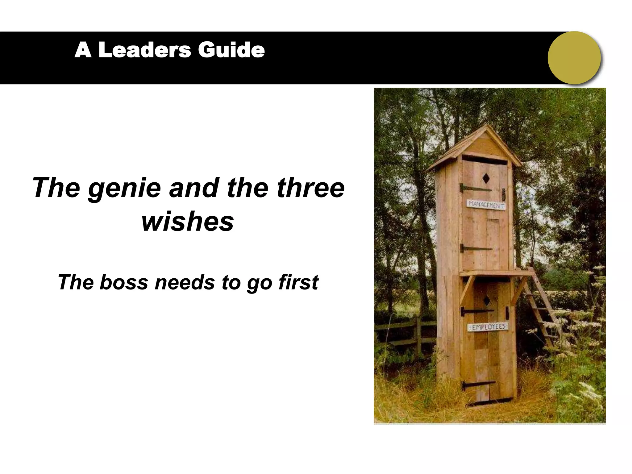 A Leaders Guide




The genie and the three
       wishes

 The boss needs to go first
 