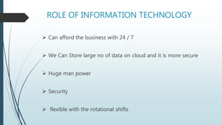 ROLE OF INFORMATION TECHNOLOGY
 Can afford the business with 24 / 7
 We Can Store large no of data on cloud and it is more secure
 Huge man power
 Security
 flexible with the rotational shifts
 
