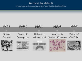 1977
School
Protest
8y
1985
State of
Emergency
16
Detention
without trial
1986
17
1988
19
Worker &
Student Pressure
1993
Brink of
Civil War
23
Activist by default
if you lived on the receiving end of apartheid in South Africa
 