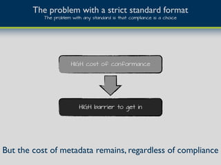Frictionless Data Sharing
I doubt we can ever remove the cost of metadata completely
open data
simplest extensible
format ...