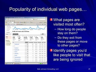 Popularity of individual web pages… What pages are visited most often? How long do people stay on them? Do they exit from these pages or move to other pages? Identify pages you’d like people to visit that are being ignored 