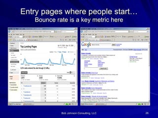 Entry pages where people start… Bounce rate is a key metric here 