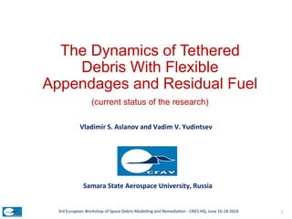 The Dynamics of Tethered
Debris With Flexible
Appendages and Residual Fuel
(current status of the research)
Vladimir	
  S.	
  Aslanov	
  and	
  Vadim	
  V.	
  Yudintsev	
  
	
  
	
  
3rd	
  European	
  Workshop	
  of	
  Space	
  Debris	
  Modelling	
  and	
  Remedia;on	
  -­‐	
  CNES	
  HQ,	
  June	
  16-­‐18	
  2014	
  
Samara	
  State	
  Aerospace	
  University,	
  Russia	
  
1	
  
 