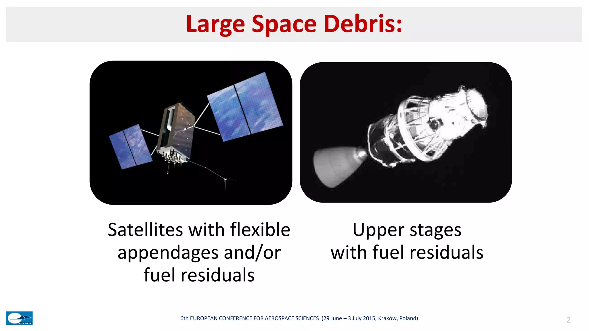 Satellites with flexible
appendages and/or
fuel residuals
Upper stages
with fuel residuals
Large Space Debris:
26th EUROPEAN CONFERENCE FOR AEROSPACE SCIENCES (29 June – 3 July 2015, Kraków, Poland)
 