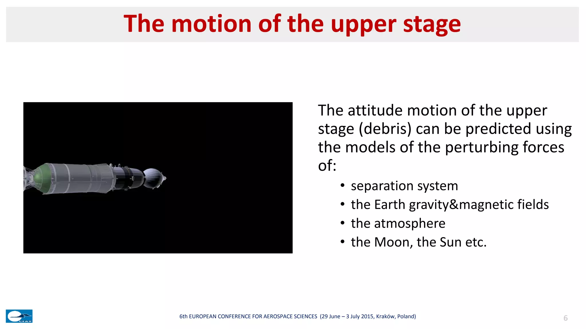 The attitude motion of the upper
stage (debris) can be predicted using
the models of the perturbing forces
of:
• separation system
• the Earth gravity&magnetic fields
• the atmosphere
• the Moon, the Sun etc.
The motion of the upper stage
66th EUROPEAN CONFERENCE FOR AEROSPACE SCIENCES (29 June – 3 July 2015, Kraków, Poland)
 