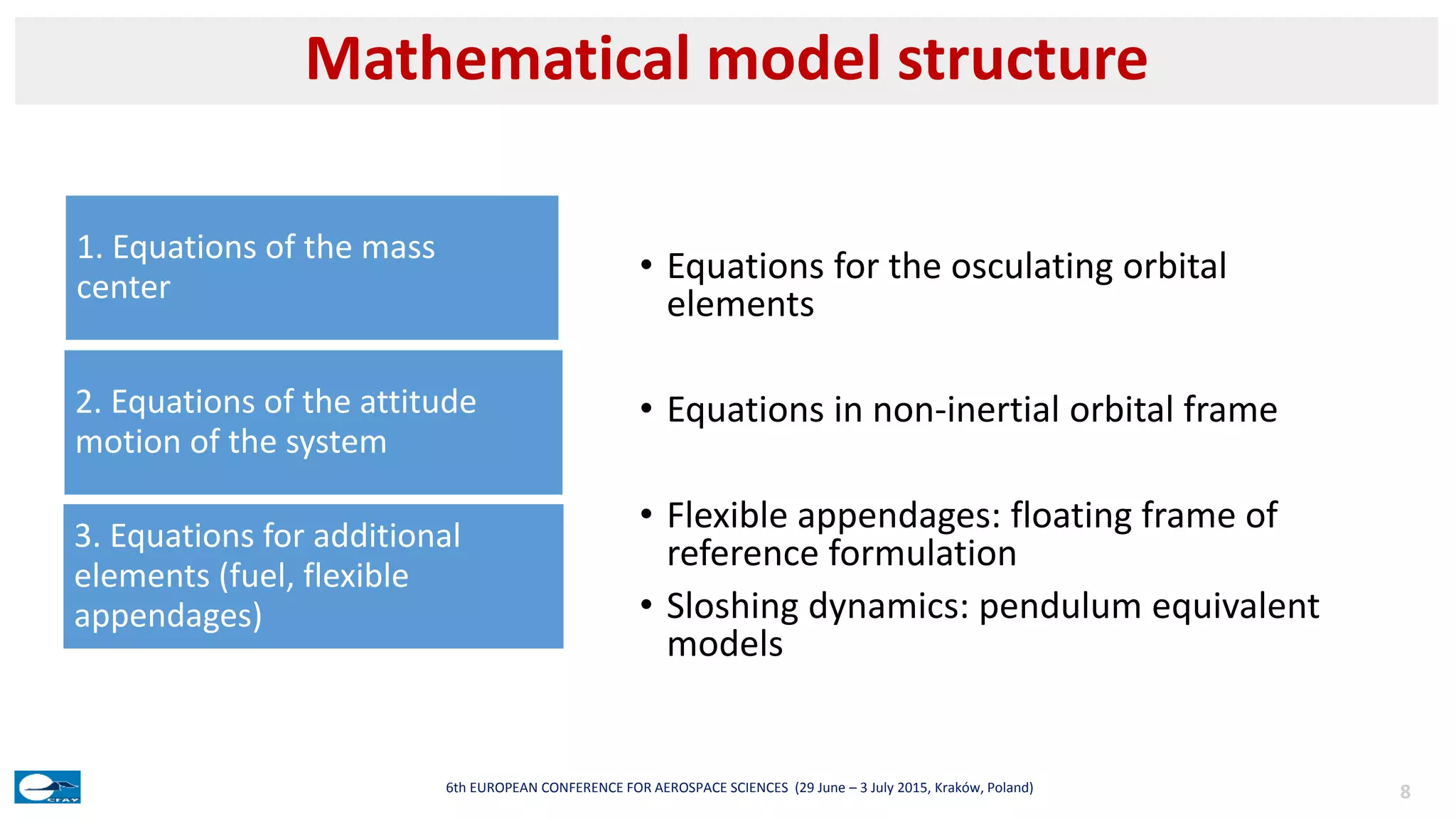 • Equations for the osculating orbital
elements
• Equations in non-inertial orbital frame
• Flexible appendages: floating frame of
reference formulation
• Sloshing dynamics: pendulum equivalent
models
Mathematical model structure
86th EUROPEAN CONFERENCE FOR AEROSPACE SCIENCES (29 June – 3 July 2015, Kraków, Poland)
1. Equations of the mass
center
2. Equations of the attitude
motion of the system
3. Equations for additional
elements (fuel, flexible
appendages)
 