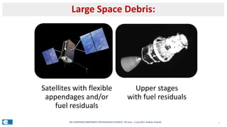 Satellites with flexible
appendages and/or
fuel residuals
Upper stages
with fuel residuals
Large Space Debris:
26th EUROPE...