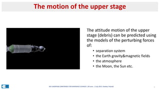 The attitude motion of the upper
stage (debris) can be predicted using
the models of the perturbing forces
of:
• separatio...
