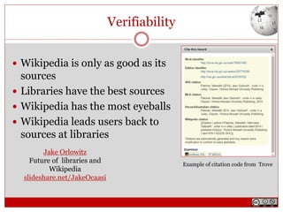 Verifiability
 Wikipedia is only as good as its
sources
 Libraries have the best sources
 Wikipedia has the most eyeballs
 Wikipedia leads users back to
sources at libraries
Jake Orlowitz
Future of libraries and
Wikipedia
slideshare.net/JakeOcaasi
Example of citation code from Trove
 