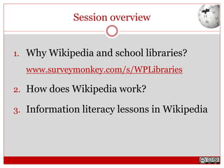 Session overview
1. Why Wikipedia and school libraries?
www.surveymonkey.com/s/WPLibraries
2. How does Wikipedia work?
3. Information literacy lessons in Wikipedia
 