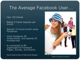 The Average Facebook User...
• Has 130 friends

• Makes 8 friend requests per
  month

• Spends 15 hours/month using
  Facebook

• Visits Facebook 40
  times/month, and spends 23
  minutes/visit

• Is connected to 80
  organizational Facebook
  Pages, Groups, and Events

  (Source: David Lee King, TSC Public Library Manager)
                                                         Image from andresrphotos PhotoDune
 