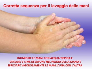 Corretta sequenza per il lavaggio delle mani




        INUMIDIRE LE MANI CON ACQUA TIEPIDA E
   VERSARE 3-5 ML DI SAPONE NEL PALMO DELLA MANO E
  SFREGARE VIGOROSAMENTE LE MANI L’UNA CON L’ALTRA
 