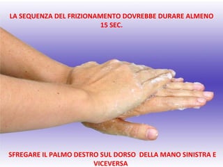 LA SEQUENZA DEL FRIZIONAMENTO DOVREBBE DURARE ALMENO
                         15 SEC.




SFREGARE IL PALMO DESTRO SUL DORSO DELLA MANO SINISTRA E
                       VICEVERSA
 