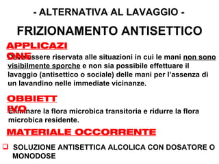 - ALTERNATIVA AL LAVAGGIO -

    FRIZIONAMENTO ANTISETTICO
APPLICAZI
ONE
Deve essere riservata alle situazioni in cui le mani non sono
 visibilmente sporche e non sia possibile effettuare il
 lavaggio (antisettico o sociale) delle mani per l’assenza di
 un lavandino nelle immediate vicinanze.

 OBBIETT
 IVO
 Eliminare la flora microbica transitoria e ridurre la flora
 microbica residente.
MATERIALE OCCORRENTE
 SOLUZIONE ANTISETTICA ALCOLICA CON DOSATORE O
  MONODOSE
 