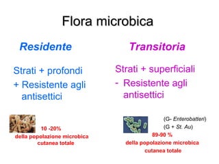 Flora microbica
 Residente                       Transitoria

Strati + profondi             Strati + superficiali
+ Resistente agli             - Resistente agli
  antisettici                   antisettici

                                               (G- Enterobatteri)
         10 -20%                               (G + St. Au)
della popolazione microbica                89-90 %
        cutanea totale          della popolazione microbica
                                        cutanea totale
 