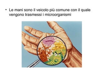 • Le mani sono il veicolo più comune con il quale
  vengono trasmessi i microorganismi
 