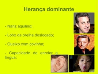 Herança dominante
- Nariz aquilino;
- Lobo da orelha deslocado;
- Queixo com covinha;
- Capacidade de enrolar a
língua;
 