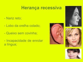 Herança recessiva
- Nariz reto;
- Lobo da orelha colado;
- Queixo sem covinha;
- Incapacidade de enrolar
a língua;
 