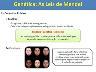 1) Conceitos Prévios
j) Fenótipo
É a aparência física de um organismo.
É determinada pela ação conjunta do genótipo + meio...