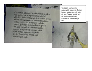 Text som närmar sig
ortografisk stavning. Texten
har en början, en mitt och
ett slut. Texten består av
en enda mening med
mellanrum mellan varje
ord.

 