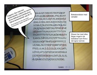 n
tor barne
s
ed e för na.
m
Bra Lättar stäver 72.
n:
eto rlek. å bok p till
g
Tra ensto ad p ek up
l
n
k
tec e skill enstor e ändra r iPad.)
s
k
fö
int
tec
att
an kolstil
m
a
rn
nS
kan
Gä
ge appe
i
län

Bokstavsräckor med
versaler.

så
rl e k
(Än ensto
k
tec

Eleven har med olika
färger ringat in de
bokstäver som finns i
det egna namnet.

NAMN

 