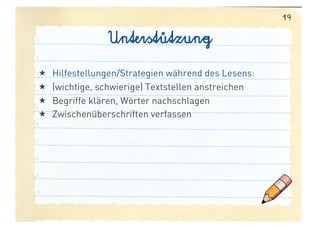 19

                 Unterstützung
    Hilfestellungen/Strategien während des Lesens:
    (wichtige, schwierige) Textstellen anstreichen
    Begriffe klären, Wörter nachschlagen
    Zwischenüberschriften verfassen
 