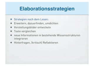 Elaborationsstrategien!
  Strategien nach dem Lesen:
  Erweitern, dazuerfinden, umdichten
  Vorstellungsbilder entwickeln
  Texte vergleichen
  neue Informationen in bestehende Wissensstrukturen
   integrieren
  Hinterfragen, (kritisch) Reflektieren
 