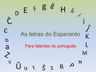 E        g        H
    D
                                      j
c       As letras do Esperanto            K
a        Para falantes do português       L
                                      M

    Ŭ    u           S
 