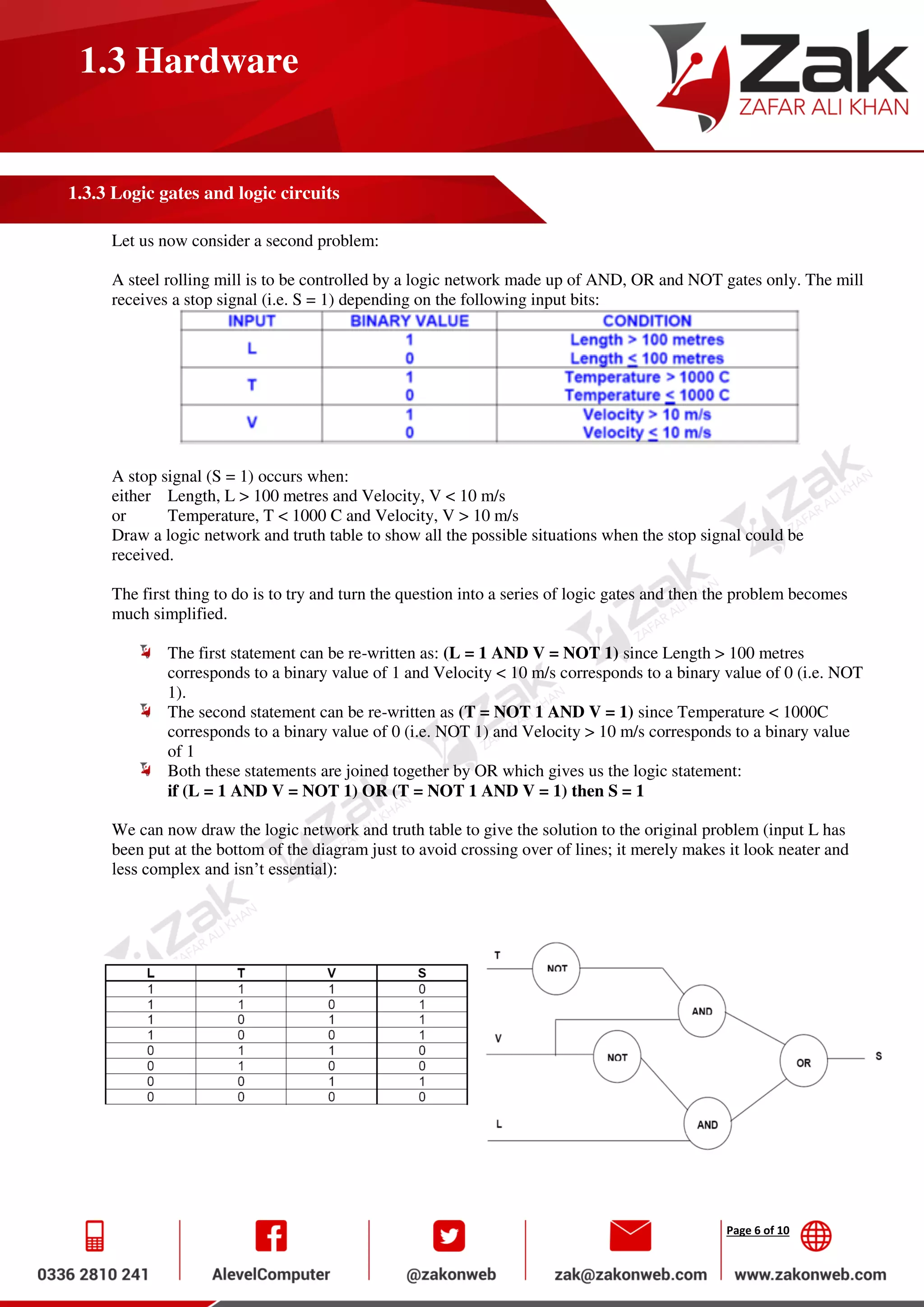 Page 6 of 10
1.3 Hardware
1.3.3 Logic gates and logic circuits
Let us now consider a second problem:
A steel rolling mill is to be controlled by a logic network made up of AND, OR and NOT gates only. The mill
receives a stop signal (i.e. S = 1) depending on the following input bits:
A stop signal (S = 1) occurs when:
either Length, L > 100 metres and Velocity, V < 10 m/s
or Temperature, T < 1000 C and Velocity, V > 10 m/s
Draw a logic network and truth table to show all the possible situations when the stop signal could be
received.
The first thing to do is to try and turn the question into a series of logic gates and then the problem becomes
much simplified.
The first statement can be re-written as: (L = 1 AND V = NOT 1) since Length > 100 metres
corresponds to a binary value of 1 and Velocity < 10 m/s corresponds to a binary value of 0 (i.e. NOT
1).
The second statement can be re-written as (T = NOT 1 AND V = 1) since Temperature < 1000C
corresponds to a binary value of 0 (i.e. NOT 1) and Velocity > 10 m/s corresponds to a binary value
of 1
Both these statements are joined together by OR which gives us the logic statement:
if (L = 1 AND V = NOT 1) OR (T = NOT 1 AND V = 1) then S = 1
We can now draw the logic network and truth table to give the solution to the original problem (input L has
been put at the bottom of the diagram just to avoid crossing over of lines; it merely makes it look neater and
less complex and isn’t essential):
 