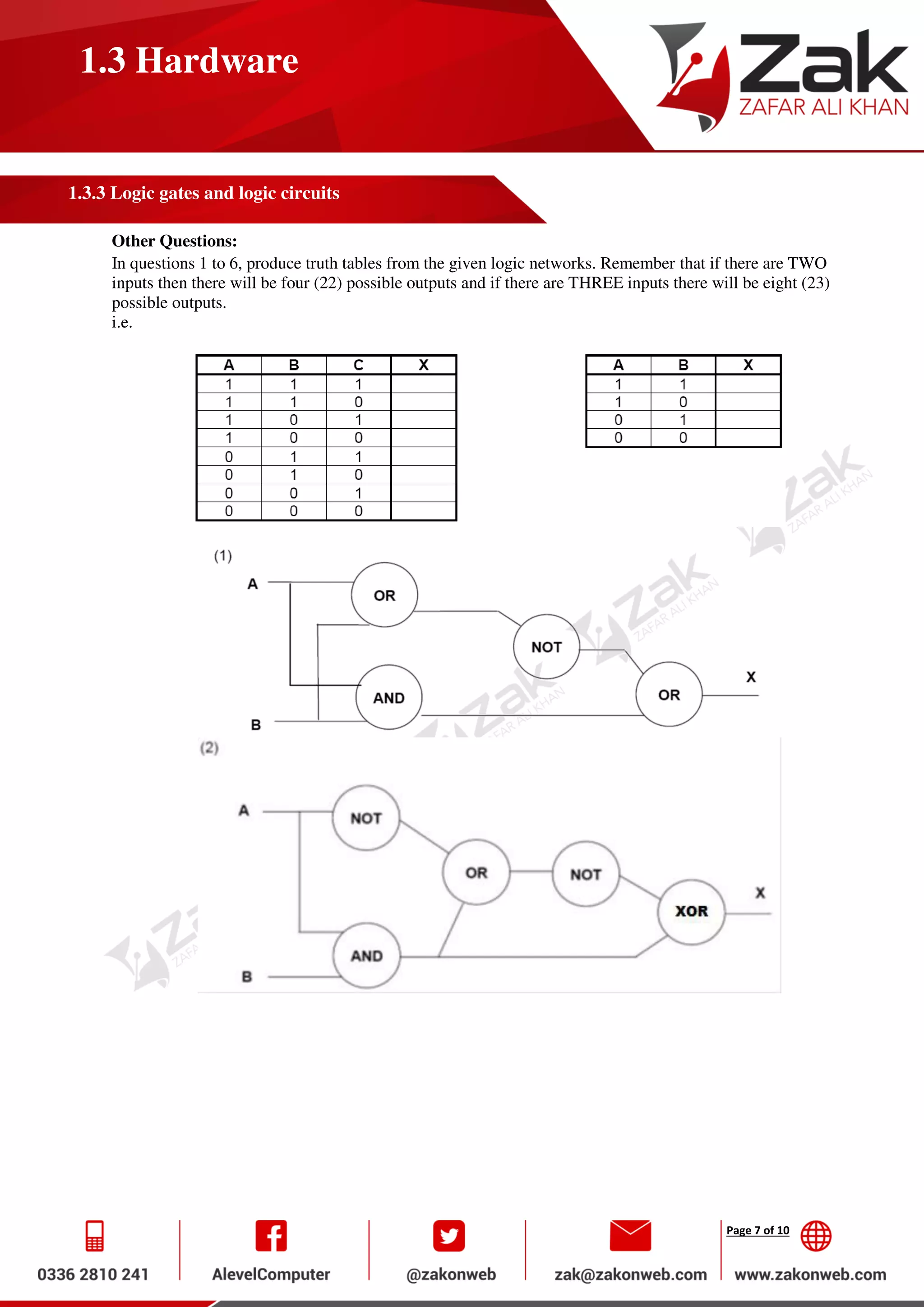 Page 7 of 10
1.3 Hardware
1.3.3 Logic gates and logic circuits
Other Questions:
In questions 1 to 6, produce truth tables from the given logic networks. Remember that if there are TWO
inputs then there will be four (22) possible outputs and if there are THREE inputs there will be eight (23)
possible outputs.
i.e.
 